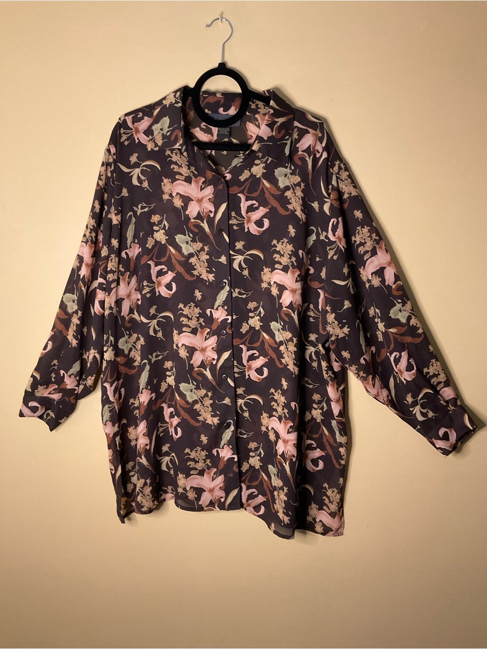 Lane Bryant Dark Sheer Brown Floral Button-Down Shirt with Pink Accents